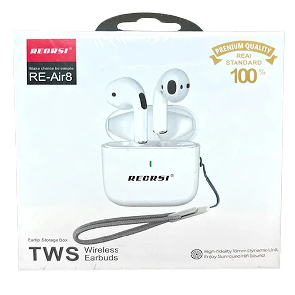 RECRSI RE-Air8 TWS Wireless Earbuds – White  Enjoy clear sound and deep bass with the stylish RECRSI RE-Air8. Featuring Bluetooth 5.0, touch control, and 3–5 hours of playtime, these lightweight earbuds ensure comfort and seamless connectivity all da